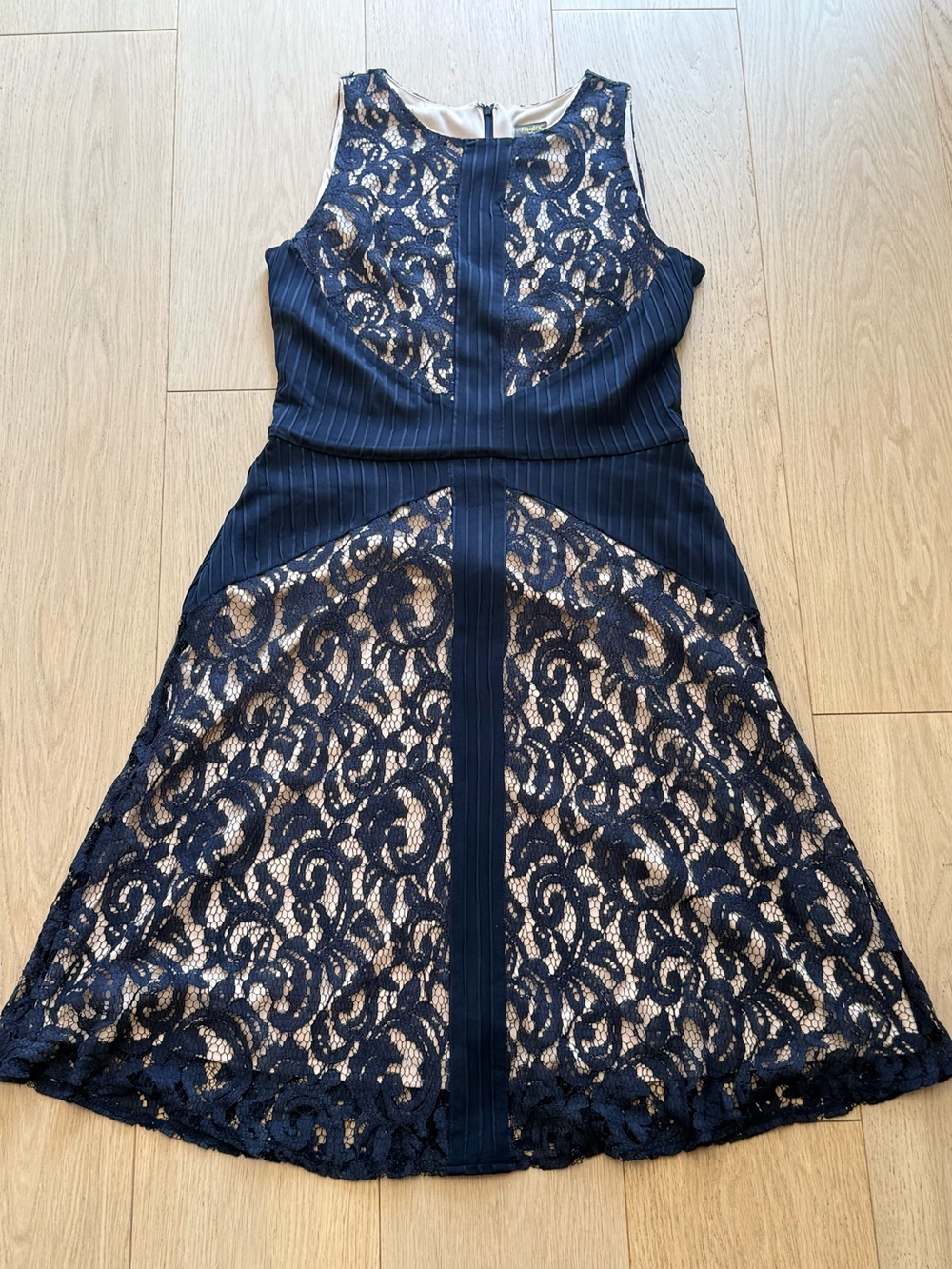 BNWOT Taylor Navy/Black Lace Illusion Dress | Nude Lined Fit & Flare Cocktail |